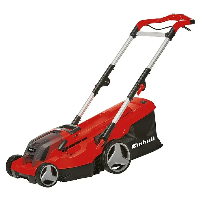 Einhell Power X-Change 18V Akku-Rasenmäher GE-CM 36/37 Li-Solo - 18 V, Ohne Akku, Schnittbreite: 37 cm - Abbildung eines roten Einhell Akku-Rasenmähers mit Fangkorb.