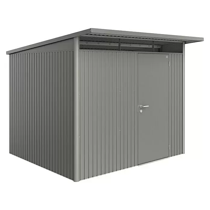 Biohort AvantGarde Gerätehaus AvantGarde A6 - Außenmaß inkl. Dachüberstand (B x T): 260 x 260 cm, Stahl, Quarzgrau Metallic, Einzeltür - Diagonale Ansicht