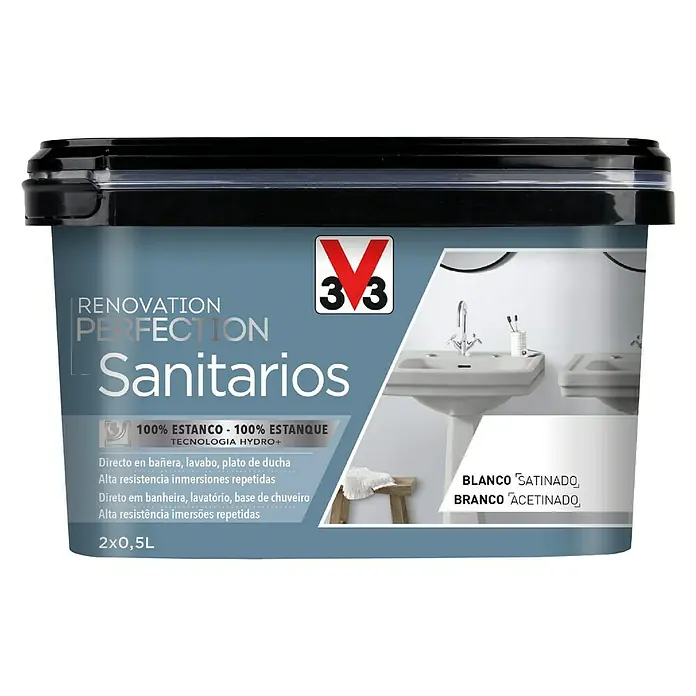 V33 Esmalte Sanitarios Renovation Perfection - Blanco, 1 l - Bote de pintura de renovación "Sanitarios", blanco satinado y acetinado, para baños, 2x0,5L.