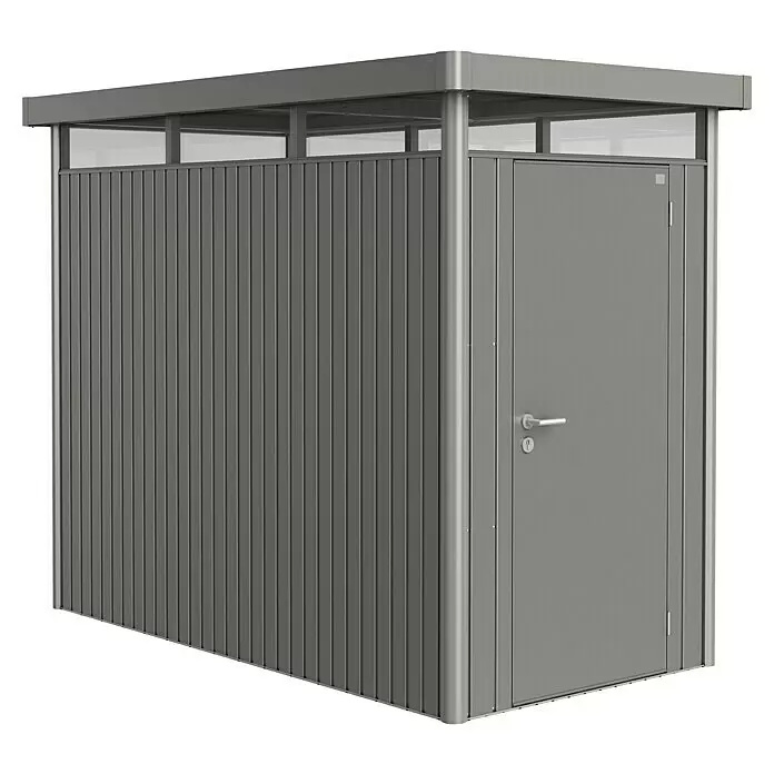 Biohort HighLine Gerätehaus HS - Quarzgrau Metallic, Außenbreite inkl. Dachüberstand: 155 cm, Außentiefe inkl. Dachüberstand: 275 cm, Stahl - Diagonale Ansicht