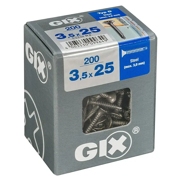 Spax Trockenbauschraube GIX DØ x L: 3,5 x 25 mm, Trompetenkopf, 200 Stk. - Eine graue Schachtel GIX-Schrauben, Größe 3,5 x 25 mm, die für Stahl bis zu 3,0 mm geeignet sind, mit 200 Stück Inhalt.