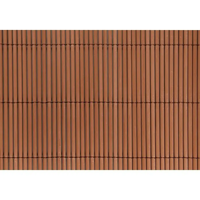 Sichtschutzmatte - 300 x 180 cm, Kunststoff, Braun - Nahaufnahme eines braunen Bambusrollos mit feinen, dunklen Bindfäden, ideal für Sichtschutz und Dekoration.
