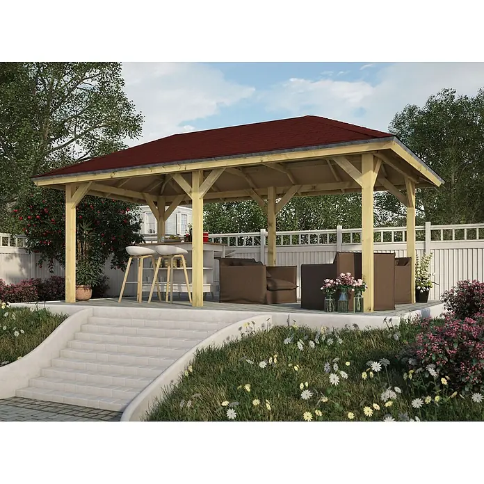 Karibu Pavillon Bergen 2 - 592 x 338 cm, Schiefergrau, Natur - Freistehender Holzpavillon mit rotem Dach inmitten einer üppigen Gartengestaltung, ideal zum Entspannen im Freien.