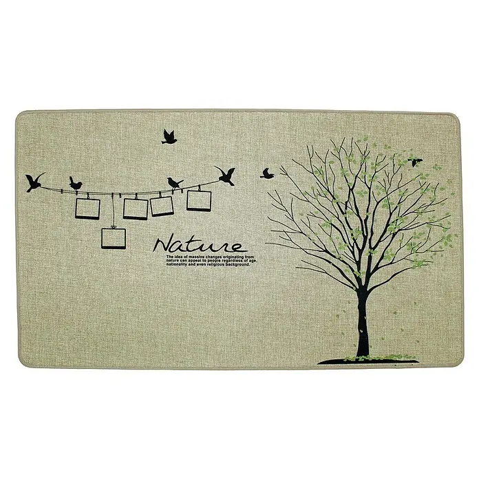 Alfombra de cocina Verona Nature - Marrón, 70 x 40 cm - Alfombra rectangular con motivos de la naturaleza como árboles y pájaros en una línea con fotos, ideal para interior.