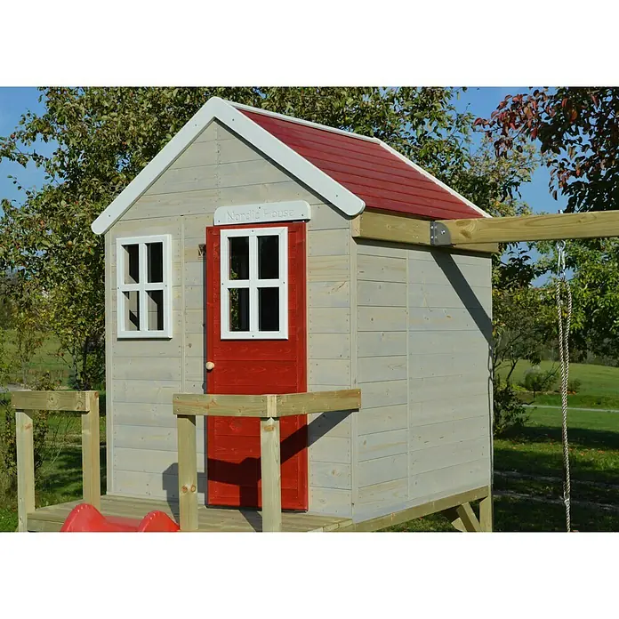 Wendi Toys Spielhaus Elefant - Glas, Natur/Rot - Ein charmantes, helles Holzspielhaus mit rotem Dach und Akzenten, perfekt für fantasievolles Spielen im Freien.