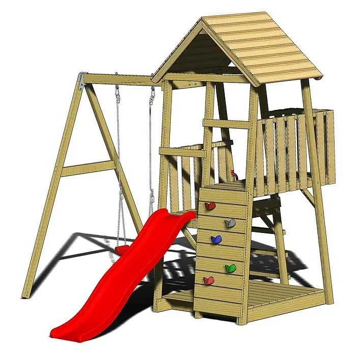 Wendi Toys Kinderspielturm Panda - Natur/Rot - Spielturm mit Schaukel und Rutsche für stundenlangen Spielspaß im Garten. Das perfekte Spielgerät für Kinder.