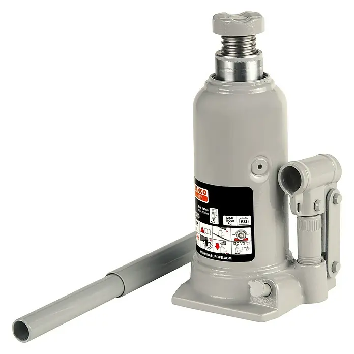 Bahco Hydraulischer Flaschenwagenheber BH45 - Hubhöhe: 21,2 cm - 46,8 cm, Traglast: 5.000 kg - Nahaufnahme eines grauen hydraulischen Wagenhebers der Marke BAHCO mit Hebel. Ideal für schwere Lasten in Werkstätten.