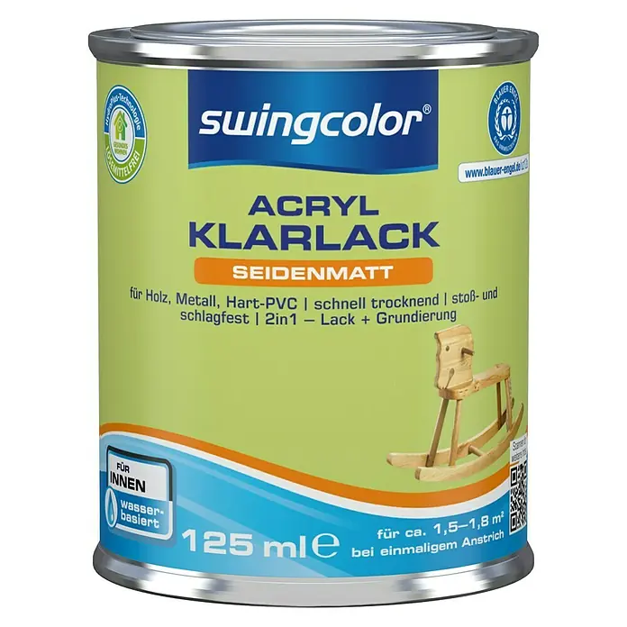 swingcolor Klarlack Acryl - Farblos, Seidenmatt, 125 ml, Wasserbasiert - Dose Swingcolor Acryl Klarlack seidenmatt, 125 ml, für Holz, Metall, Hart-PVC, schnell trocknend, stoß- und schlagfest, 2in1 Lack + Grundierung.