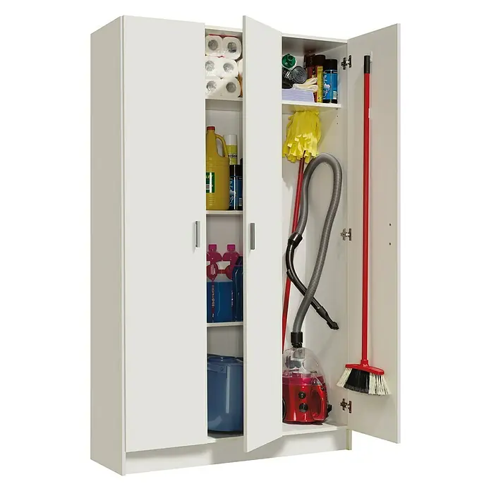 Armario multiusos de madera - L x An x Al: 37 x 109 x 180 cm, Blanco, Con 3 puertas y escobero. - Un armario de limpieza blanco con puertas abiertas, lleno de artículos de limpieza como una aspiradora, productos de limpieza y papel higiénico.