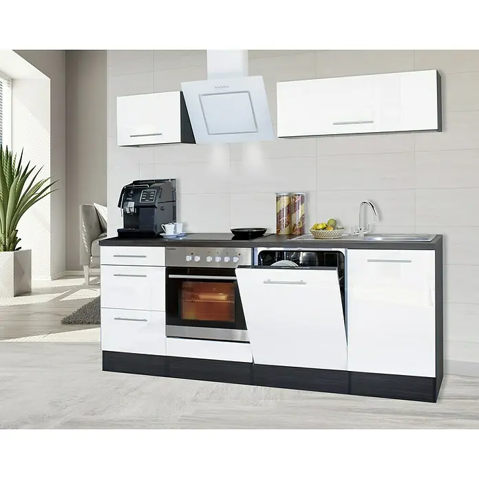 Respekta Premium Küchenzeile RP220EWCBO - Breite: 220 cm, Weiß, Mit Elektrogeräten - Moderne Küchenzeile mit Geschirrspüler, Herd, Spüle, Kaffeemaschine und Hängeschränken in Weiß und Grau. Stilvolles Design für die Küche.