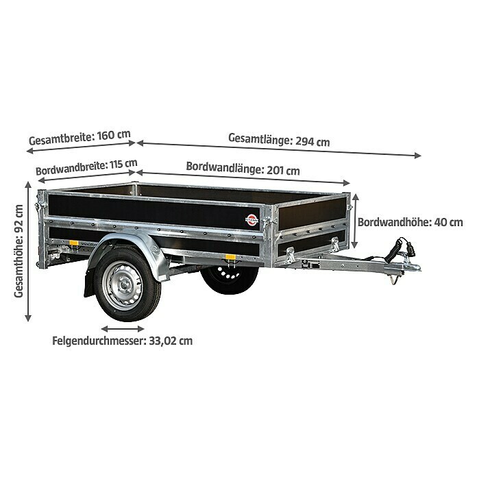 Stema Anhänger WOODOXX 750Nutzlast: 584 kg, Einachser, Kasteninnenmaß: 201 x 115 x 40 cm, Ungebremst Diagonal View