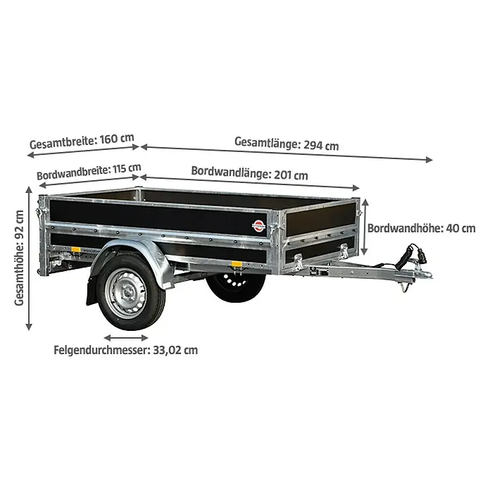 Stema Anhänger WOODOXX 750 - Nutzlast: 584 kg, Einachser, Kasteninnenmaß: 201 x 115 x 40 cm, Ungebremst - Bild eines PKW-Anhängers mit Maßangaben. Der Anhänger ist schwarz mit silbernen Akzenten und verfügt über zwei Räder.