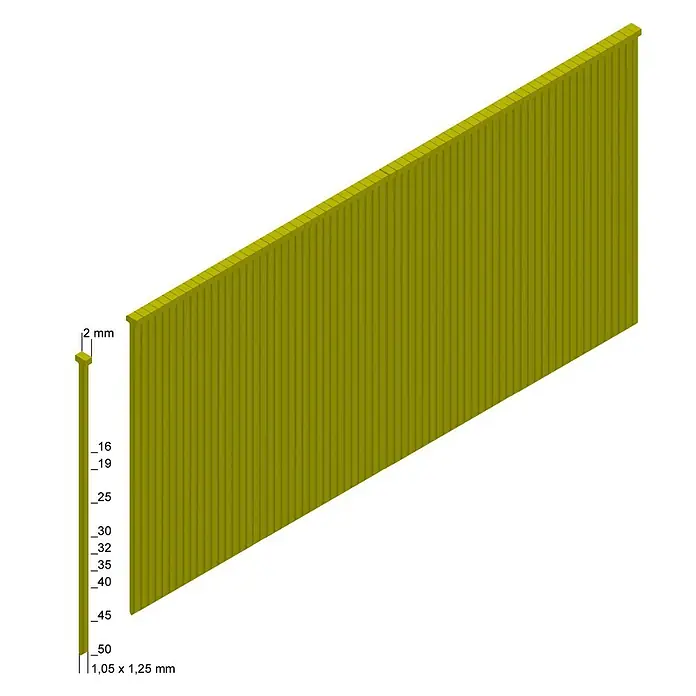 Prebena Stauchkopfnagel Typ J - Länge: 50 mm, 3.000 Stk. - Darstellung eines Streifens gelber Nägel mit den Abmessungen 1,05 x 1,25 mm und einer Länge von 16 bis 50 mm.