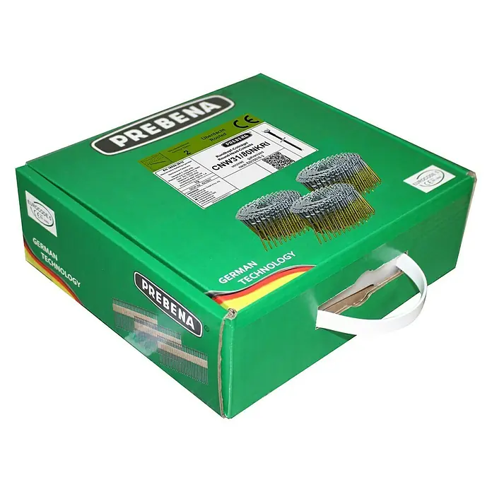 Prebena Coilnagel Typ CNW Verzinkt Ringschaft - Länge: 90 mm, 800 Stk. - Produktbild einer Box mit Coilnägeln CNW31/80NKRI von PREBENA, ideal für Bauprojekte. Die Nägel sind hochwertig und zuverlässig.