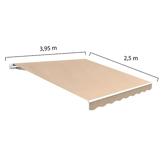 SmartSun Toldo de brazos extensibles Easy Lite - Beige arena, Ancho: 4 m, Caída: 2,5 m - Un toldo de patio beige, que mide 3,95 m x 2,5 m, proporciona sombra y protección para espacios al aire libre.