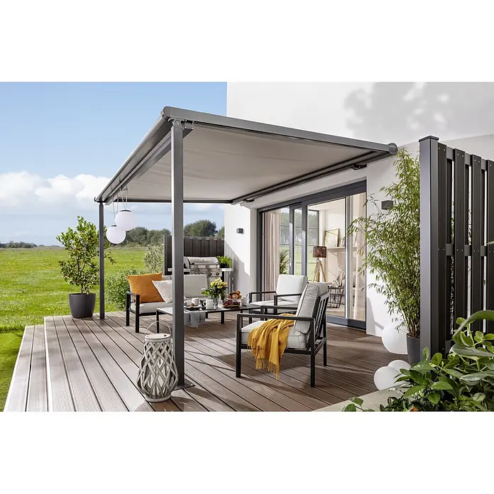 Sunfun Pergolamarkise - Breite: 4 m, Ausfall: 3 m - Moderne Terrassenüberdachung mit schiebbarer Markise, stilvollen Gartenmöbeln und dekorativer Beleuchtung für gemütliche Stunden im Freien.
