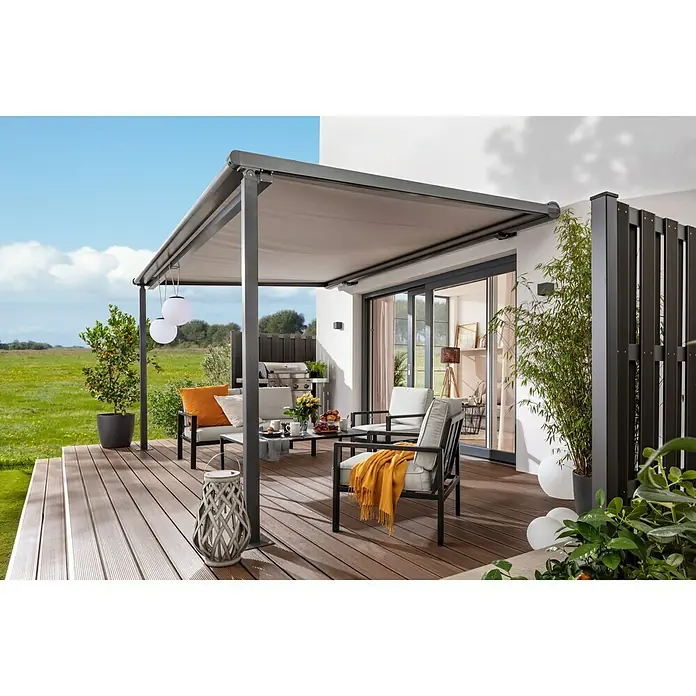 Sunfun PergolamarkiseBreite: 4 m, Ausfall: 3 m - Moderne Terrassenüberdachung mit schiebbarer Markise, stilvollen Gartenmöbeln und dekorativer Beleuchtung für gemütliche Stunden im Freien.