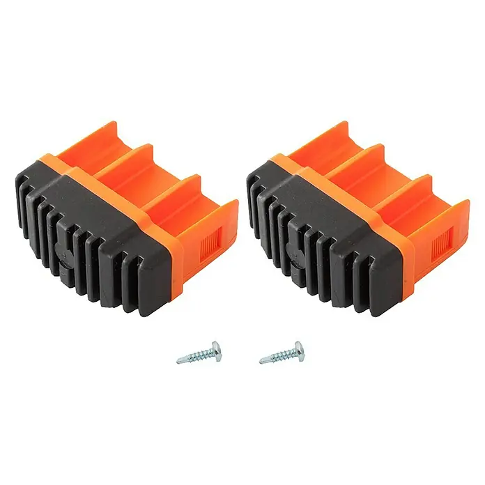 Krause Fußstopfen - Passend für: Holmgröße 64 x 25 mm, 1 Stk. - Bild von zwei orange-schwarzen Kabelführungen mit zwei Schrauben.