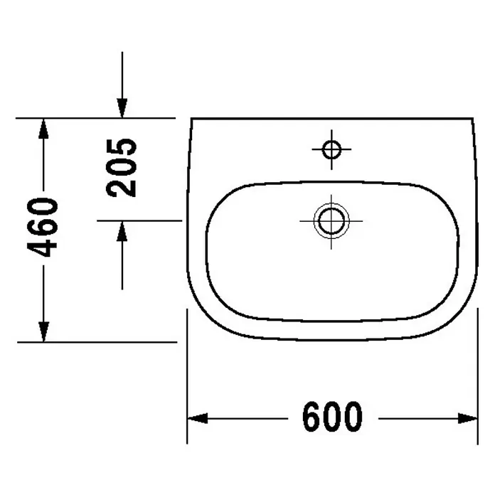 Duravit D-Code Waschtisch Med - 60 x 46 cm, Ohne Spezialglasur, Hahnloch: Mitte, Ohne Überlauf, Weiß - Technische Zeichnung eines Waschtisches mit den Maßen 600 x 460 mm, Tiefe 205 mm. Ideal für moderne Badezimmer.