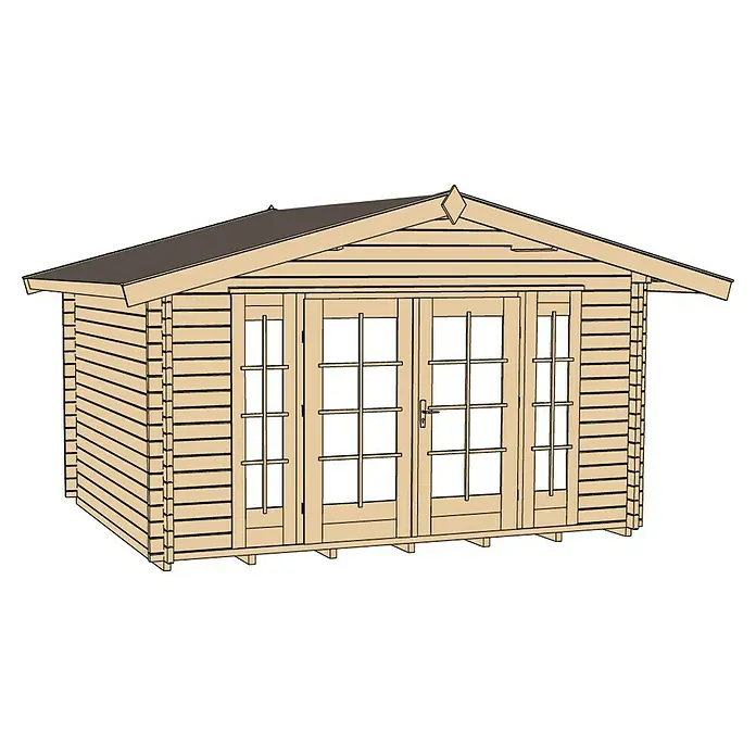 Weka Gartenhaus Weekendhaus 137 - Außenmaß inkl. Dachüberstand (B x T): 460 x 370 cm, Holz, Natur - Illustration eines Gartenhauses mit Doppeltüren und einem Satteldach, das ein einladendes Äußeres für den Garten bietet.