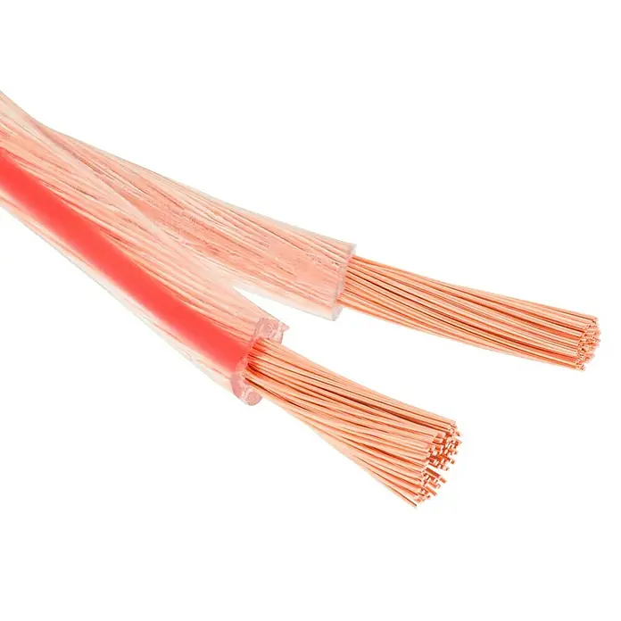 Cable de teléfono de 2 canales - 1 m, Blanco - Primer plano de cables de altavoz pelados con marcas rojas y hebras de cobre descubiertas sobre fondo negro.
