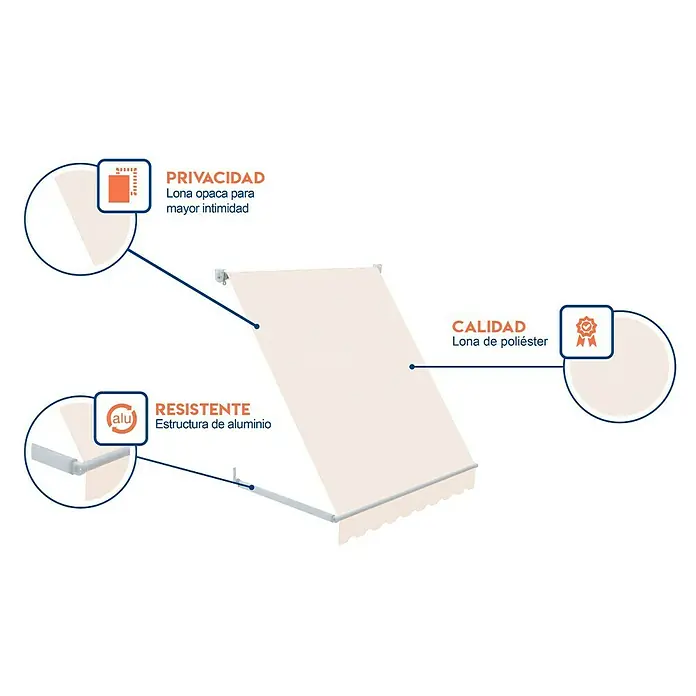 SmartSun Toldo ventana Essential - Crudo, Ancho: 1,2 m, Caída: 1,2 m - Primer plano de un toldo, destacando la privacidad, calidad y resistencia, gracias a su estructura de aluminio y tela de poliéster.