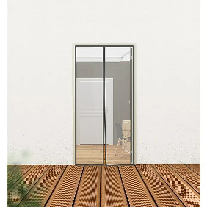 Easy Life Insektenschutz-Magnetrahmen - B x H: 100 x 220 cm, Farbe Netz: Anthrazit, Art Verschluss: Magnetverschluss - Das Bild zeigt einen magnetischen Fliegenvorhang mit schwarzem Rahmen, der an einer Türöffnung angebracht ist und Insekten fernhält.