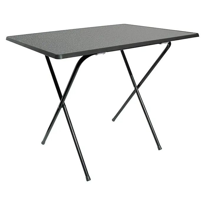 MFG Campingtisch - L x B x H: 80 x 60 x 63 cm, Stahl, Sevelit, Eisengrau, Klappbar - Tisch: Klappbarer, rechteckiger Tisch mit schwarzer Oberfläche und X-förmigem, schwarzem Metallgestell, ideal für den Innen- und Außenbereich.