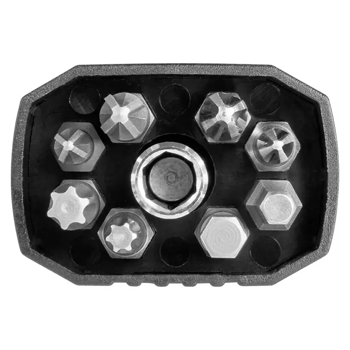 Hazet Bit-Set 2260X/10N - 9 -tlg. - Nahaufnahme eines Schraubendreher-Bit-Sets mit verschiedenen Bit-Typen in einer schwarzen Aufbewahrungsbox. Perfekt für Heimwerker und Profis.