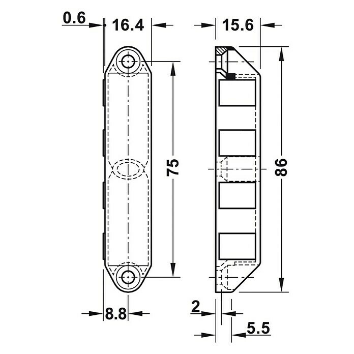 Häfele MagnetverschlussHaftkraft: 8 kg, B x H: 15,6 x 86 mm, Zinkdruckguss Front View