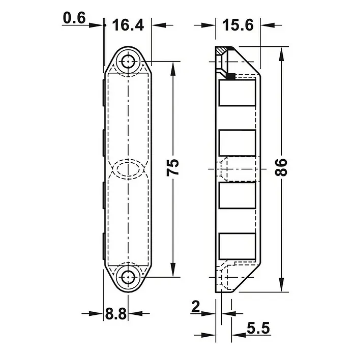 Suki Cierre magnético - Fuerza de adherencia: 8 kg, An x Al: 15,6 x 86 mm, Zinc fundido - Dibujo técnico de un accesorio alargado con dimensiones indicadas.