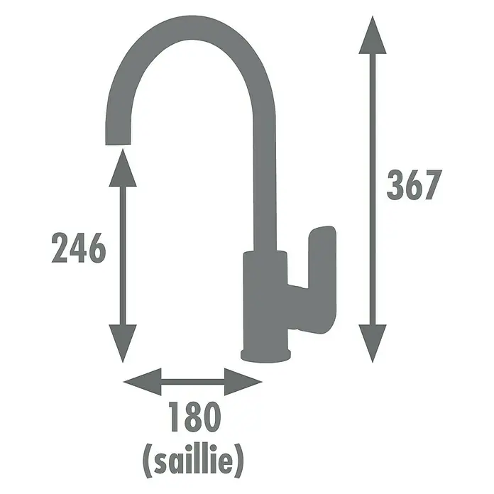 Rousseau Grifo de cocina Milk - Grafito, Mate - Ilustración de un grifo de cocina que muestra dimensiones de 246 mm de altura hasta el caño, 367 mm de altura total y 180 mm de proyección.