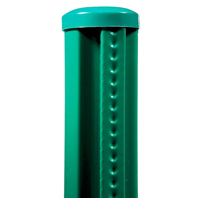 Poste para cercado Quick Fix - Altura: 235 cm, Diámetro: 48 mm, Verde oscuro, Acero - Primer plano de un poste de cerca de metal verde con una tapa redondeada. El poste tiene una serie de hendiduras a lo largo de su lado.