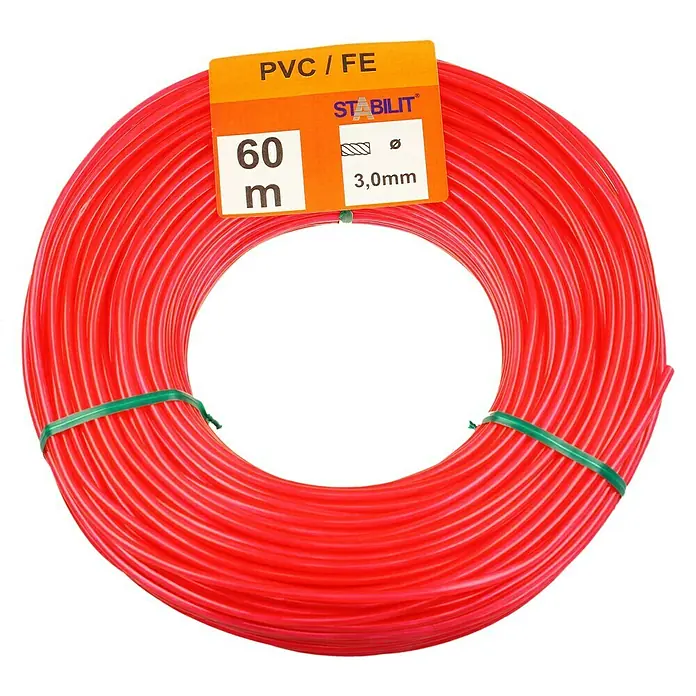 Stabilit Wäscheleine - Ø x L: 3 mm x 60 m, Kunststoff - Eine Rolle rotes Stabilit Trimmerkabel aus PVC/FE mit einer Länge von 60 Metern und einem Durchmesser von 3,0 mm.