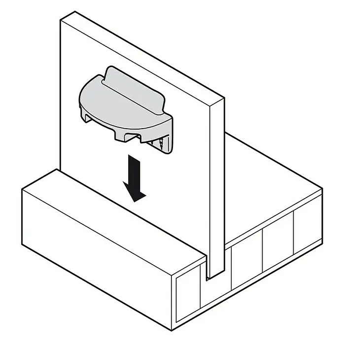 Häfele Conector del panel trasero Ixconnect RPC G 13/20 - L x An: 20 x 12,5 mm, Plástico, Específico para: Grosores de madera a partir de 12 mm - Ilustración de un proceso de montaje con una flecha hacia abajo, indicando un componente que se inserta en un soporte.