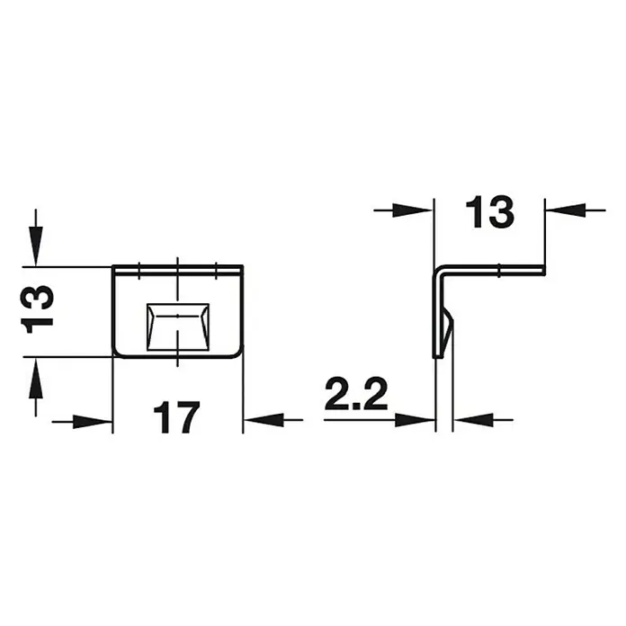 Suki Cierre de gancho - L x An x Al: 13 x 17 x 13 mm - Dibujo técnico de un conector angular con dimensiones de 13 mm, 17 mm y 2,2 mm. Representación precisa para la construcción.