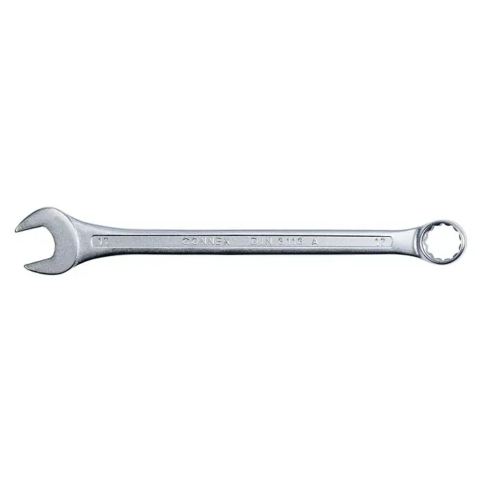 Connex Llave combinada - Ancho de llave: 17 mm - Imagen de una llave fija doble Connex plateada de tamaño 17 con extremo de llave anular y extremo de llave abierta para diversas tareas de atornillado.