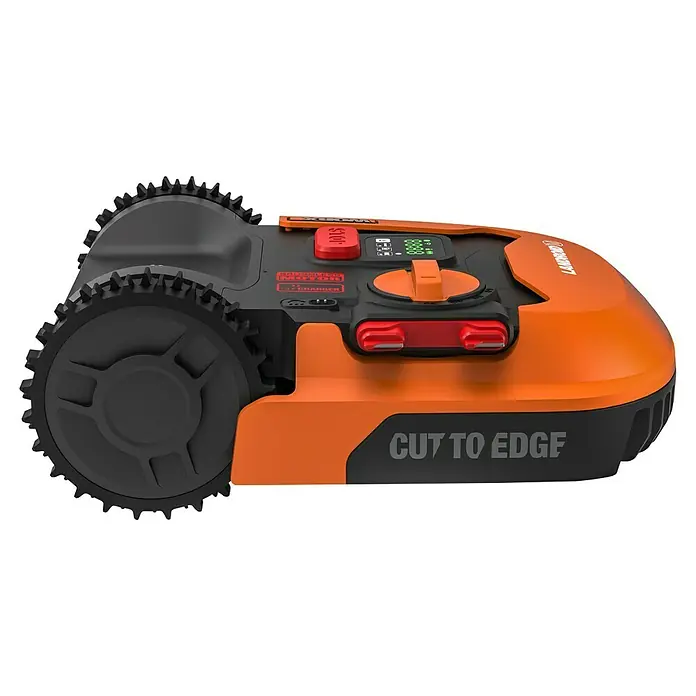Worx PowerShare 20V Robot cortacésped Landroid M500 - 500 m², Ancho de corte: 18 cm, Navegación por inducción, Cable de antena - Primer plano de un robot cortacésped LANDROID naranja, que muestra sus ruedas y controles negros.