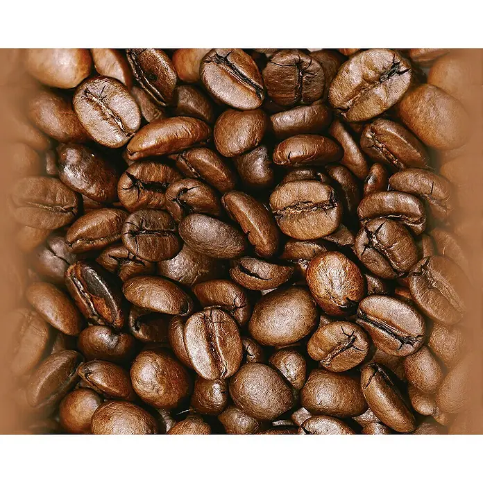 A.S. Création Designpanel pop.up - Kaffeebohnen, Braun, 35 cm x 2,5 m - Nahaufnahme von frisch gerösteten Kaffeebohnen, die ihre reiche Textur und Farbe zeigen.