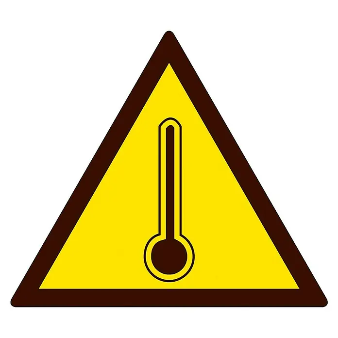Cartel - Amarillo/Negro, Peligro por alta temperatura, 10,5 x 10,5 cm - Señal de advertencia de alta temperatura. Triángulo amarillo con símbolo de termómetro, precaución por calor o temperaturas elevadas.