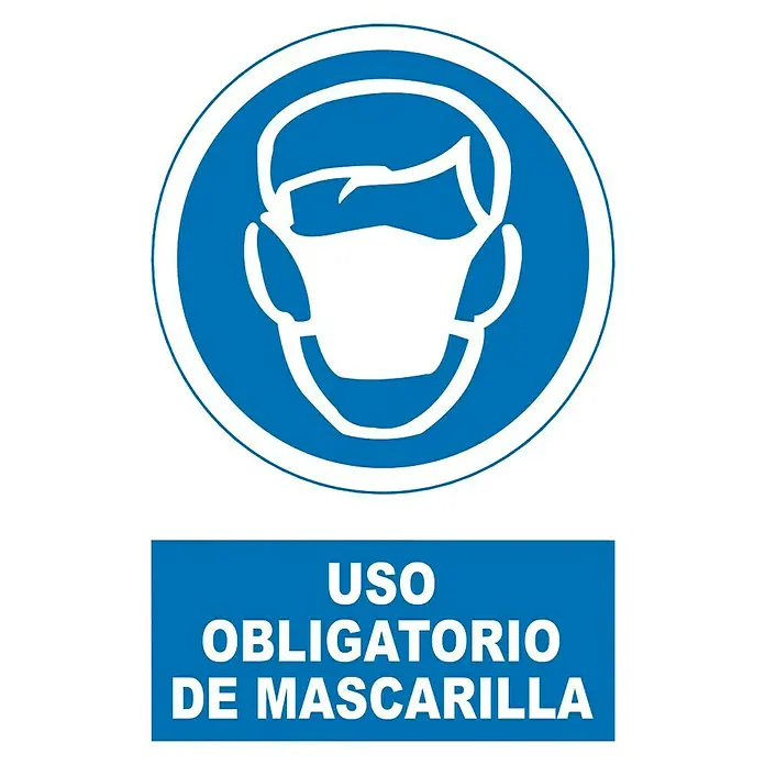 Cartel - Azul/Blanco, Uso obligatorio de mascarilla, 23 x 34 cm - Señalización obligatoria de uso de mascarilla, con persona usando símbolo de mascarilla y el texto "USO OBLIGATORIO DE MASCARILLA".