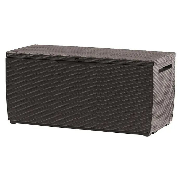 Keter Baúl para jardín Capri - 54 x 123 x 57 cm, Marrón - Una caja de almacenamiento de ratán marrón con tapa. Esta caja resistente a la intemperie es perfecta para el almacenamiento en exteriores.