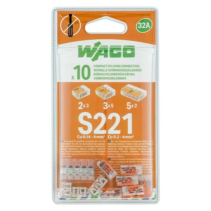 Wago Conector rápido Compacto Mix 2, 3, 5 conductores - 450 V, 32 A, 10 ud. - Kit de conectores de empalme Wago S221, 10 unidades, para conexiones eléctricas seguras y rápidas en varios tamaños.