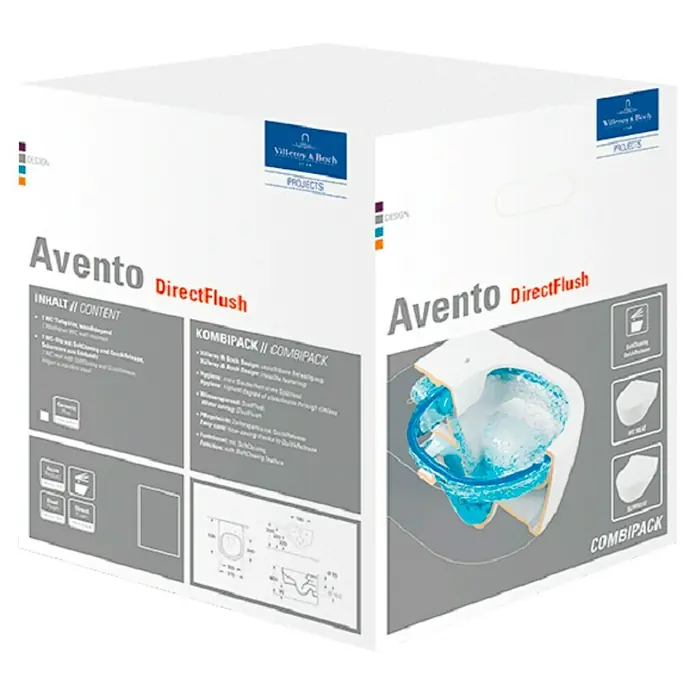 Villeroy & Boch Avento Wand-WC-Set I - Spülrandlos, Mit schmutzabweisender Glasur, Spülform: Tief, WC Abgang: Waagerecht, Weiß - Karton einer Villeroy & Boch Avento DirectFlush Toilette.