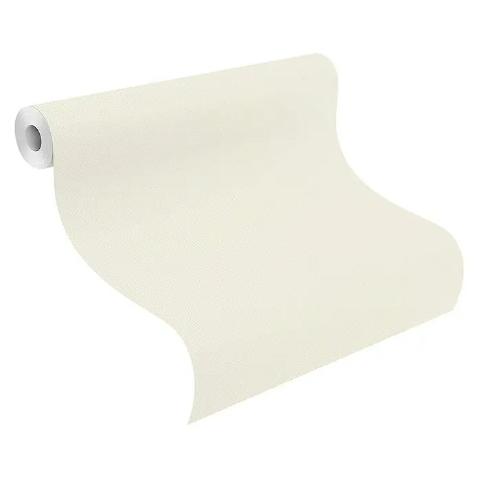 Rasch Vliestapete - Weiß/Creme, Uni, 10,05 x 0,53 m, Matt, Feine Struktur - Nahaufnahme einer Rolle mit einfarbiger, cremefarbener Vliestapete. Ideal für eine stilvolle Wandgestaltung und eine wohnliche Atmosphäre.