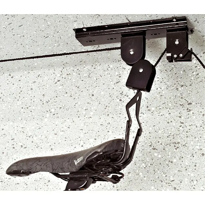 Eufab Fahrrad-Deckenlift - Geeignet für: 1 Fahrrad, Max. Ladegewicht: 20 kg - Dieses Bild zeigt einen Fahrradlift, der an der Decke montiert ist und einen Fahrradsattel hält. Ideal für die platzsparende Aufbewahrung.