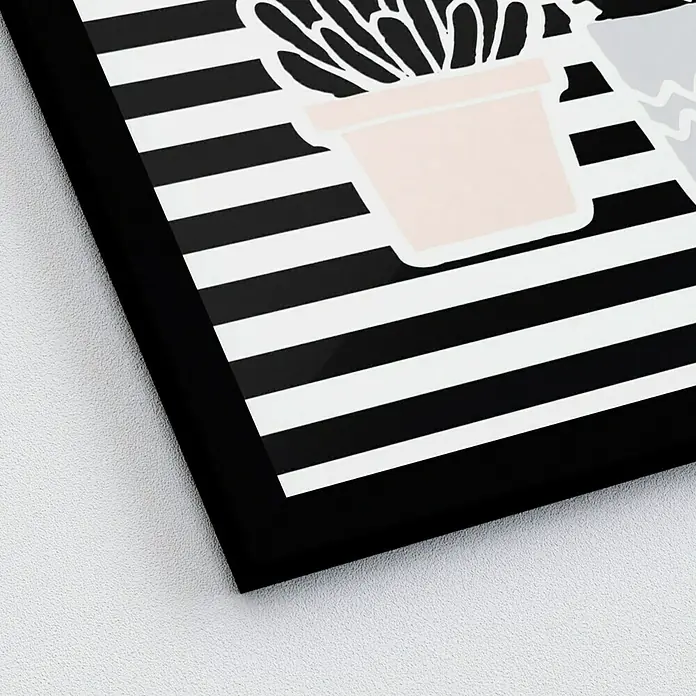 ProArt Bild - Hello Kaktus, B x H: 43 x 33 cm - Schwarz-weiß gestreiftes Wandbild mit Topfpflanzen in einem eleganten schwarzen Rahmen, ein dekoratives Highlight für jeden Raum.