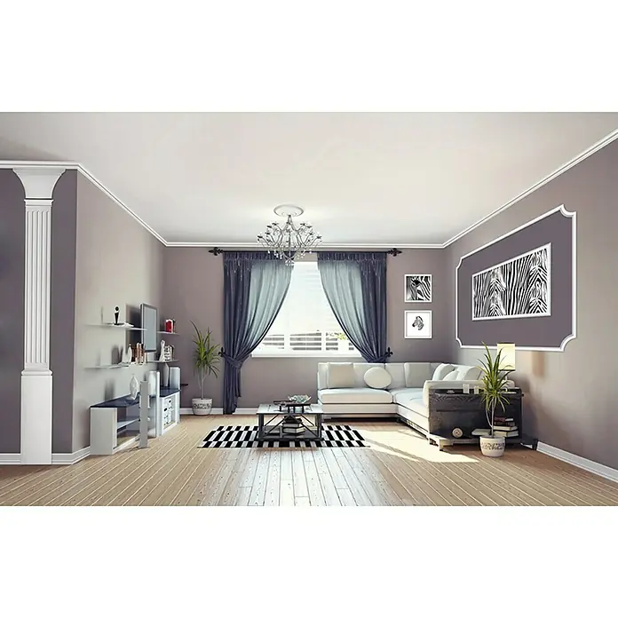 Rosette Flora - 52 cm, Expandiertes Polystyrol (EPS), Modern, Weiß - Wohnzimmer mit weißem Ecksofa, Teppich mit Streifenmuster und einem dekorativen Wandbild mit Zebramuster.