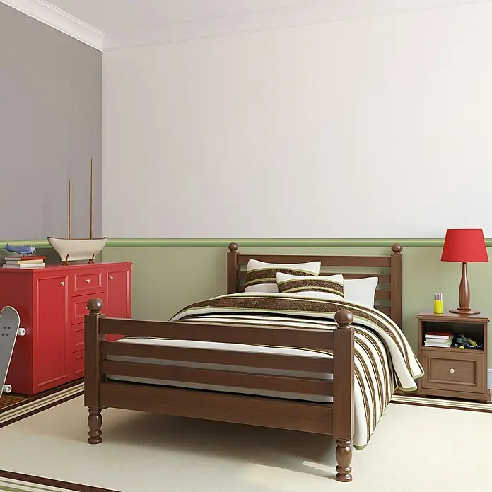 Zierprofil E 11 - 2 m x 4,6 cm x 4,6 cm, XPS-Hartschaumplatten, 2 Stk. - Dieses Bild zeigt ein gemütliches Kinderzimmer mit einem Holzbett, einem Nachttisch und einer roten Kommode, die eine einladende Atmosphäre schafft.