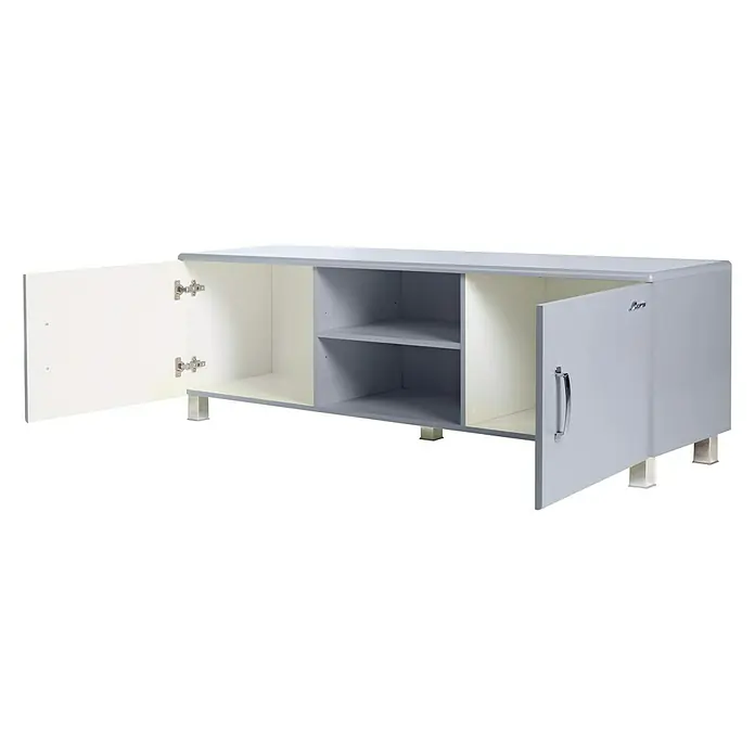 Phönix Miami Lowboard - L x B x H: 43 x 160 x 52 cm, Grau - Aufnahme eines grauen TV-Schranks mit offenen Türen und Regalen. Ideal für die Aufbewahrung und Organisation von Medien im Wohnzimmer.